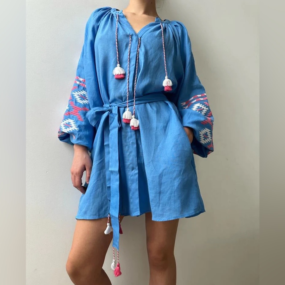 ELEVEN March 11 Linen Embroidered Blue Tunic Dress, Size S